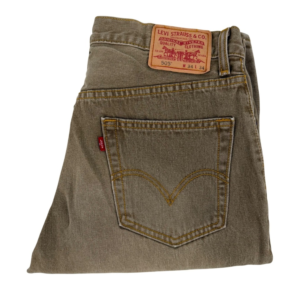 Levis 505 Regular Fit Jeans Mens 34x34 Olive Brown Vintage Straight Leg Denim